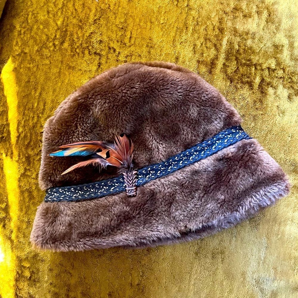 Vintage Faux Fur Plush Brown Hat W/ Braided Trim & Feather